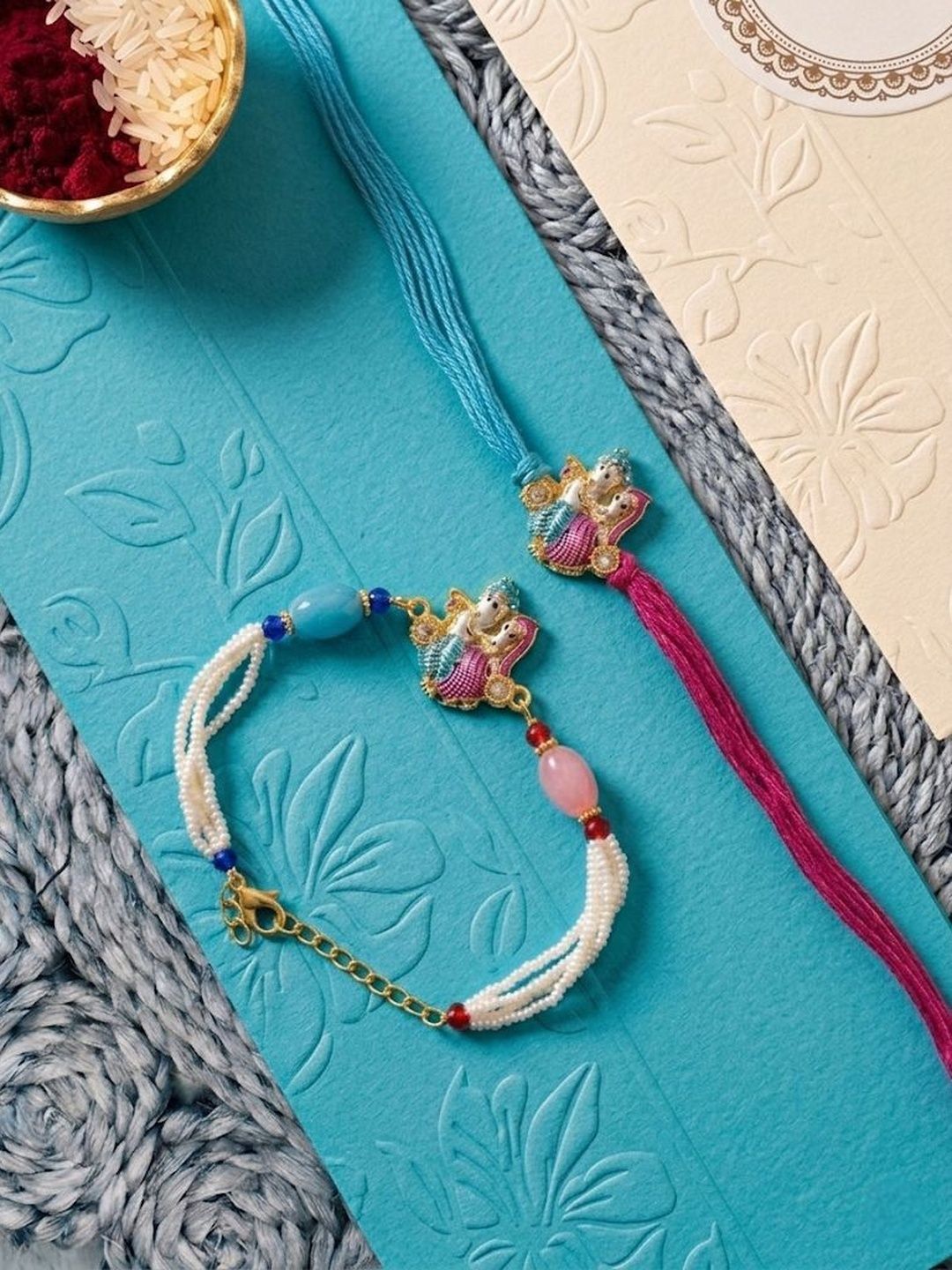 Anouk Set Of 2 Artificial Beads Radha Krishna Bhaiya Bhabhi Rakhi With Roli Chawal Chandan