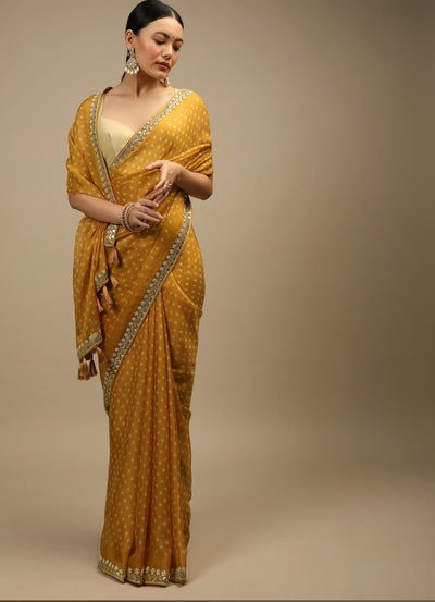 Indyancart GR Women's Jully Mustard Chinnon Silk Saree