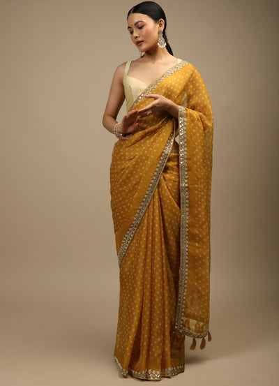Indyancart GR Women's Jully Mustard Chinnon Silk Saree