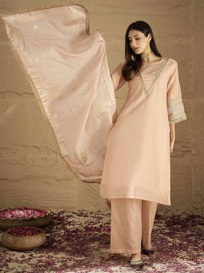 Indyancart VA Women Solid Kurta with Palazzo & Dupatta