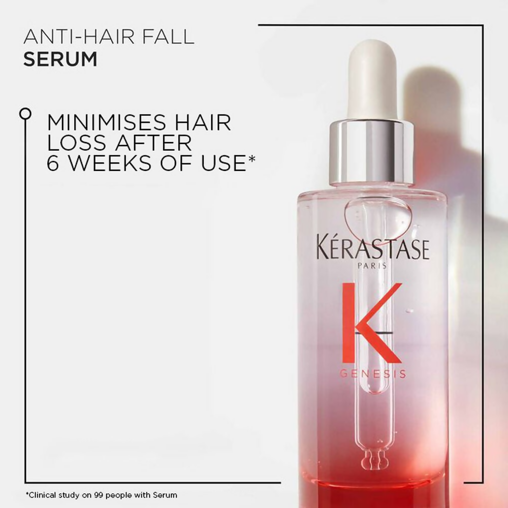 Kerastase Genesis Anti-Hair Loss Serum bottle with pump dispenser, designed for nourishing hair and reducing hair loss.