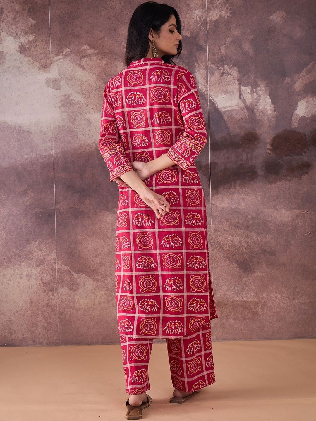 Indyancart IE Printed Mandarin Collar Pure Cotton Tunic With Trousers