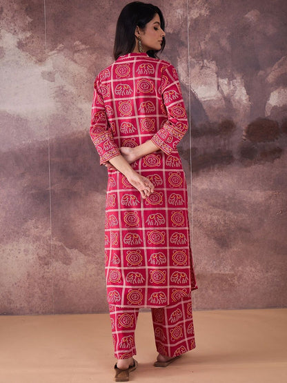 Indyancart IE Printed Mandarin Collar Pure Cotton Tunic With Trousers