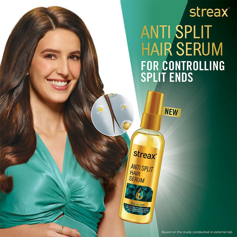 Streax Professional Anti Split Hair Serum with Bio-Elixir, clear bottle showing serum and applicator brush on a white background.