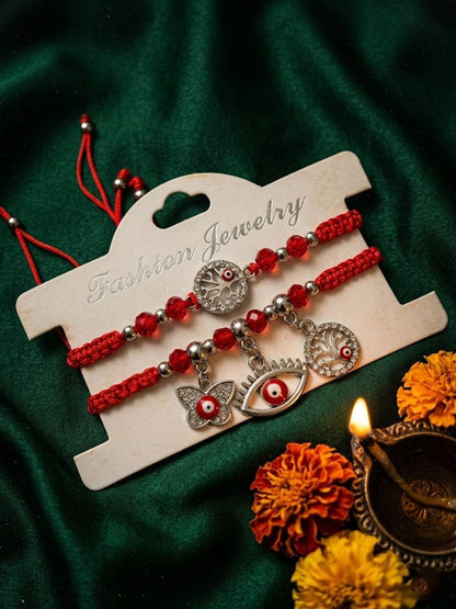 Anouk Set Of 2 Red & Silver Evil Eye Design Bhaiya Bhabhi Rakhi With Roli Chawal Chandan