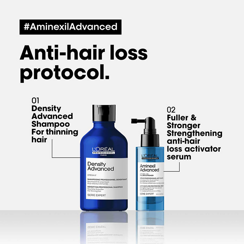 L'Oreal Paris Anti-Hair Loss Regime with Density Advanced Shampoo and Aminexil Advanced hair serums for thinning hair.