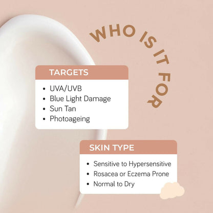 Moody SensiSoothe Mineral Brightening Sunscreen Serum with ceramides and rice, SPF protection, in a sleek pump bottle.