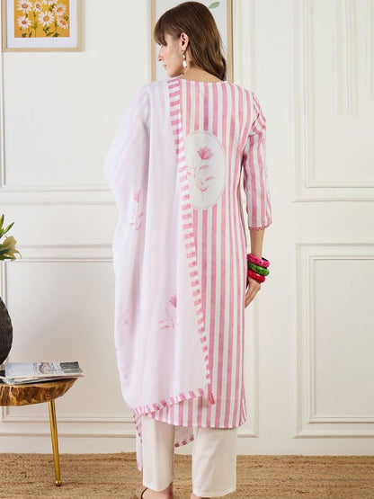 Women Striped Regular Thread Work Linen Kurta with Trousers & With Dupatta