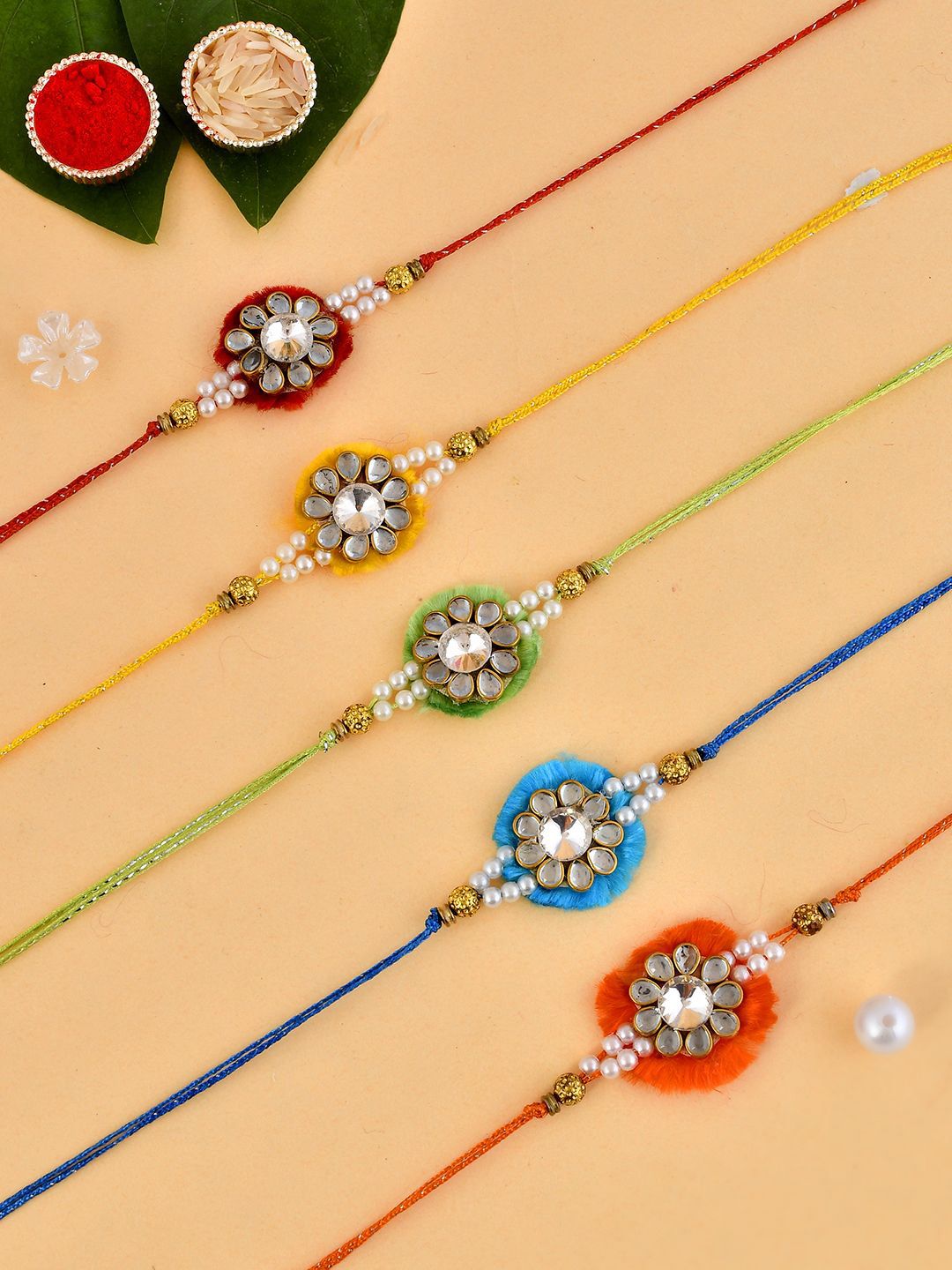 Anouk Green Set Of 5 Kundan & Pearl Beaded Thread Rakhis With Roli Chawal & Greeting Card