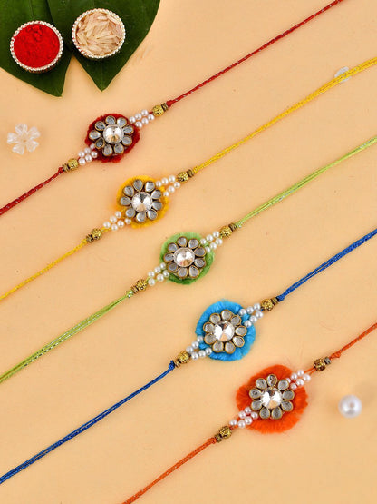 Anouk Green Set Of 5 Kundan & Pearl Beaded Thread Rakhis With Roli Chawal & Greeting Card