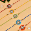 Dhiyona Green Set Of 5 Kundan & Pearl Beaded Thread Rakhis With Roli Chawal & Greeting Card