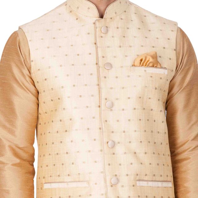 Men's Gold Silk Blend Straight Jacket  Kurta and Pyjama Set