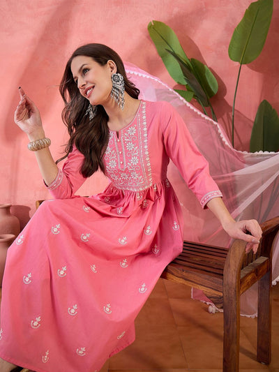 Indyancart SN Women's Peach Embroidered Notch Neck Pure Cotton Anarkali Kurta With Trouser & Dupatta