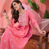 Dhiyona SN Women's Peach Embroidered Notch Neck Pure Cotton Anarkali Kurta With Trouser & Dupatta
