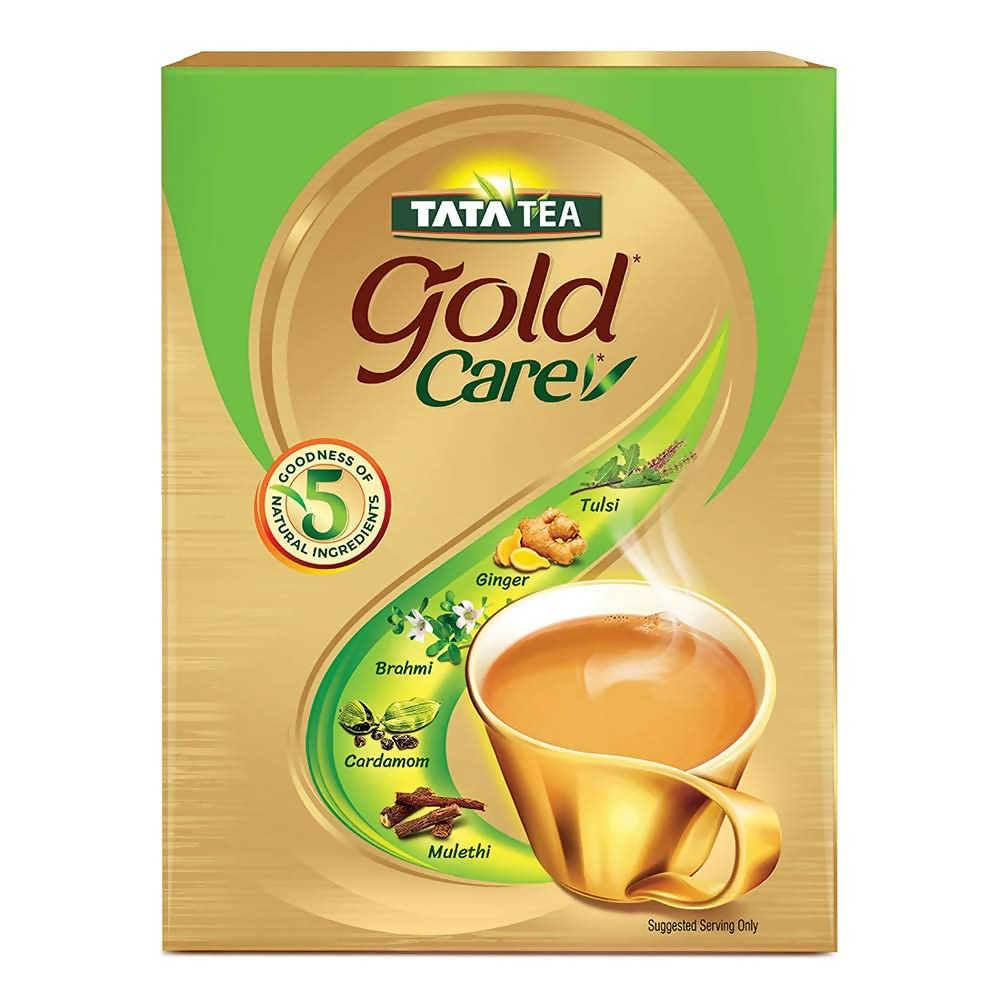 Packet of Tata Tea Gold Care Goodness tea powder showing the vibrant packaging with the Tata logo and product details.