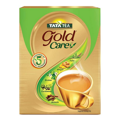 Packet of Tata Tea Gold Care Goodness tea powder showing the vibrant packaging with the Tata logo and product details.
