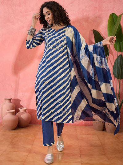 Indyancart SN Women's Striped Notch Neck Sequinned Pure Cotton Straight Kurta With Trouser & Dupatta