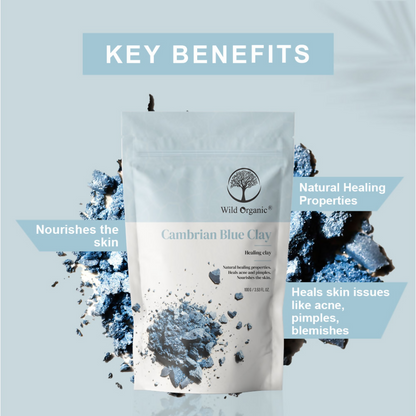 Wild Organic Cambrian Blue Healing Clay Powder for face masks, showing the vibrant blue powder in a natural setting.