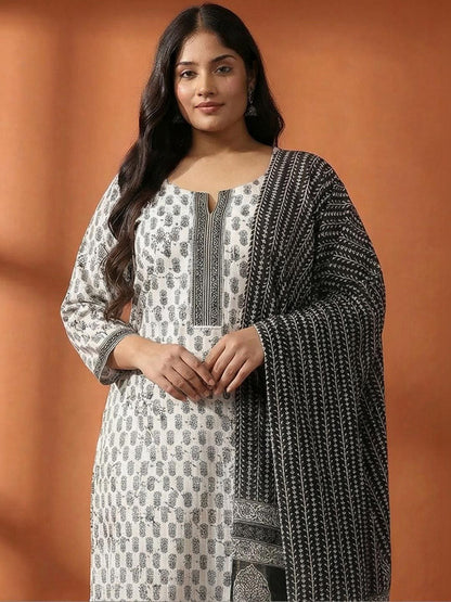 Indyancart Women's Ethnic Motifs Printed Regular Pure Cotton Kurta with Trousers & With Dupatta