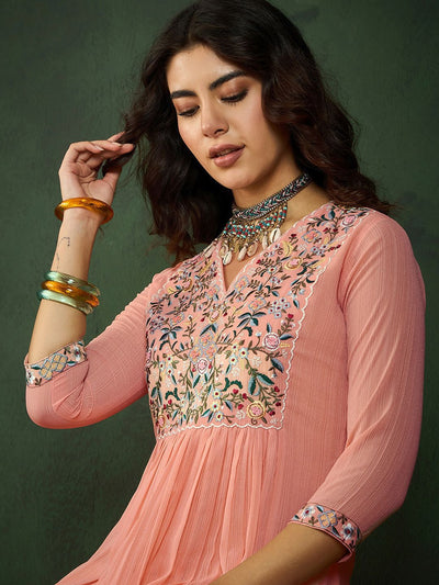 Indyancart SN Women's V-Neck Embroidered Kurta Sets