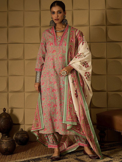 Indyancart IE Floral Printed Pure Cotton Straight Kurta with Salwar & Dupatta