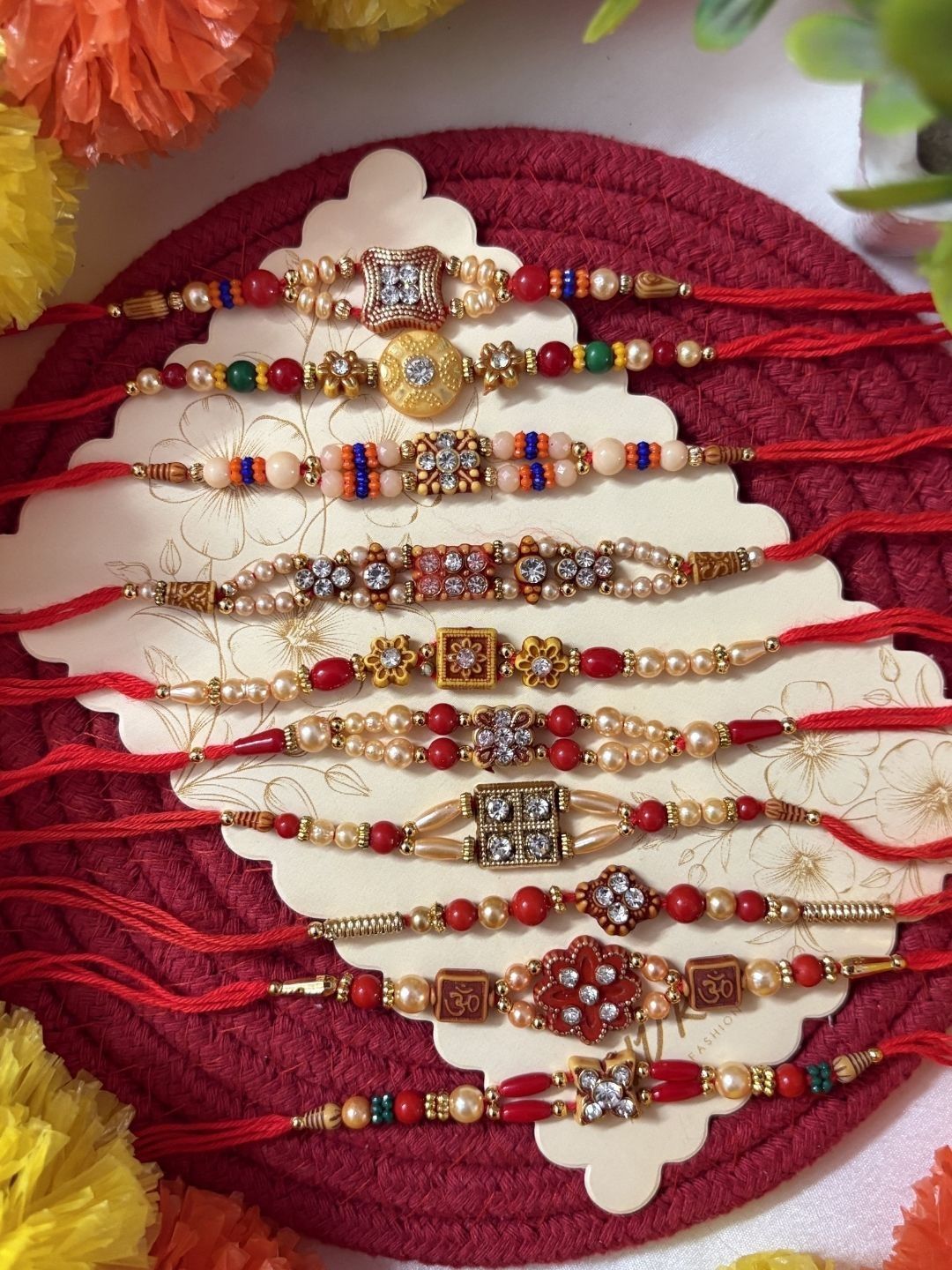 Anouk Set Of 10 Artificial Stones & Beads Thread Rakhi With Roli Chawal Chandan Mishri