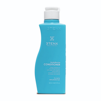 3TENX Hydrarevive conditioner for dull, dehydrated hair, showing a sleek bottle with hydrating ingredients and smooth hair strands.