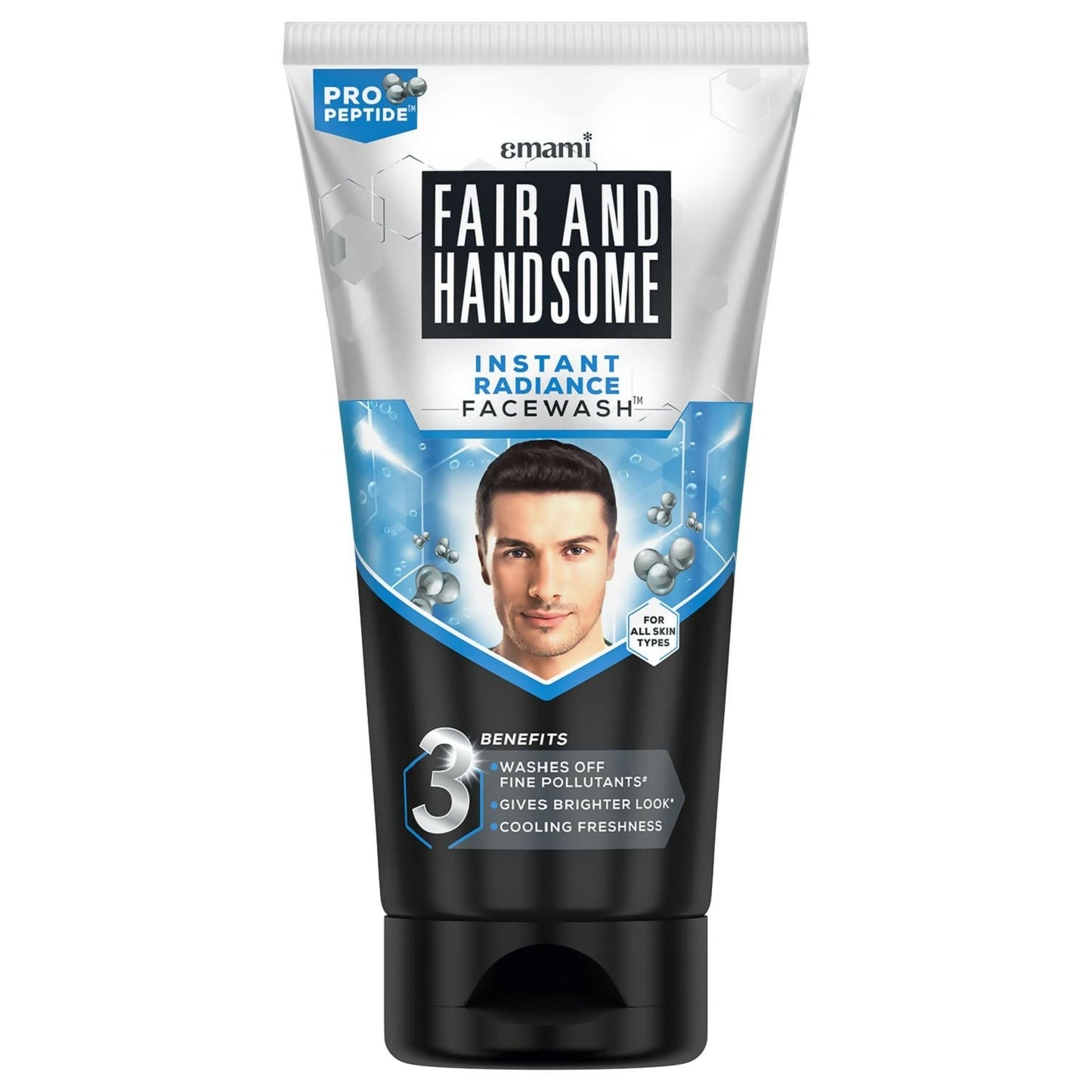Emami Fair and Handsome Instant Radiance Face Wash with Pro-Peptides, showing the tube and product label for clean, radiant skin.
