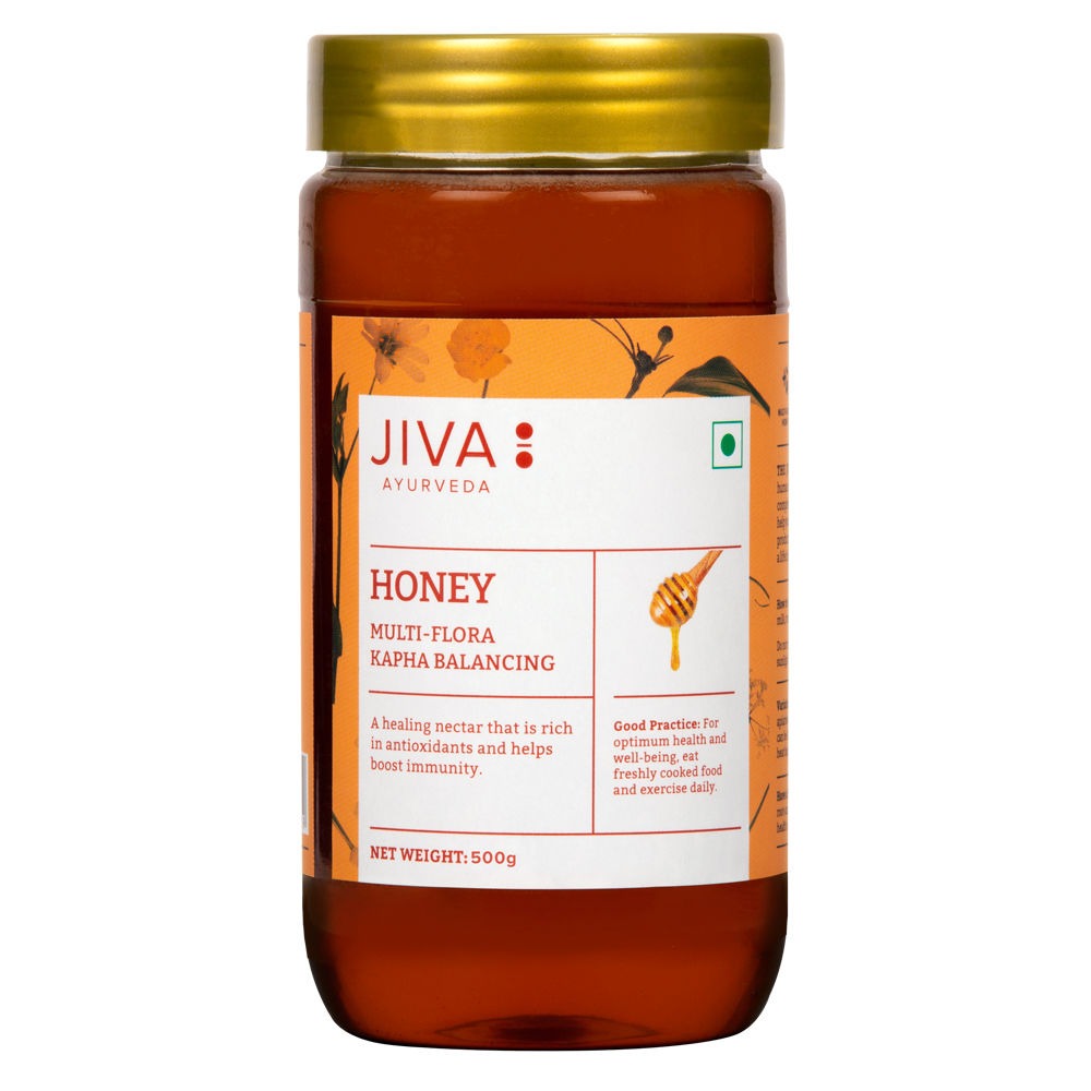Jiva Ayurveda Honey in a 500g jar, natural and pure, ideal for spreads, cooking, and health remedies.