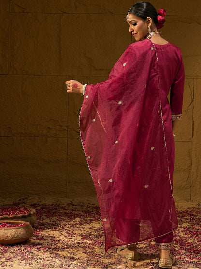 Ethnic Motifs Yoke Design Thread Work Straight Kurta With Trousers & Dupatta