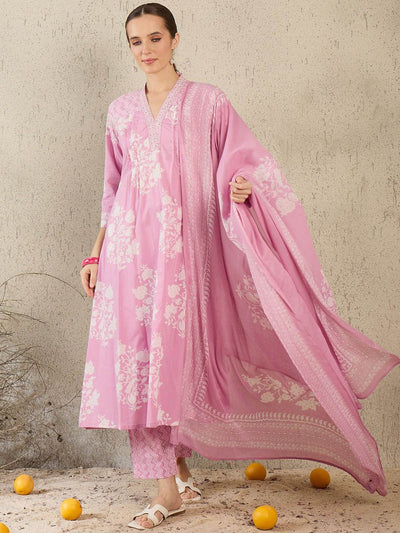 Indyancart IE Women Floral Printed Pure Cotton A-Line Kurta with Trouser & Dupatta