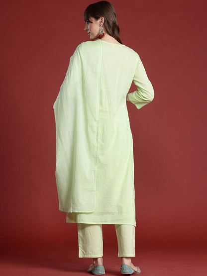 Women Floral Embroidered Empire Thread Work Pure Cotton Kurta with Trousers & With Dupatta
