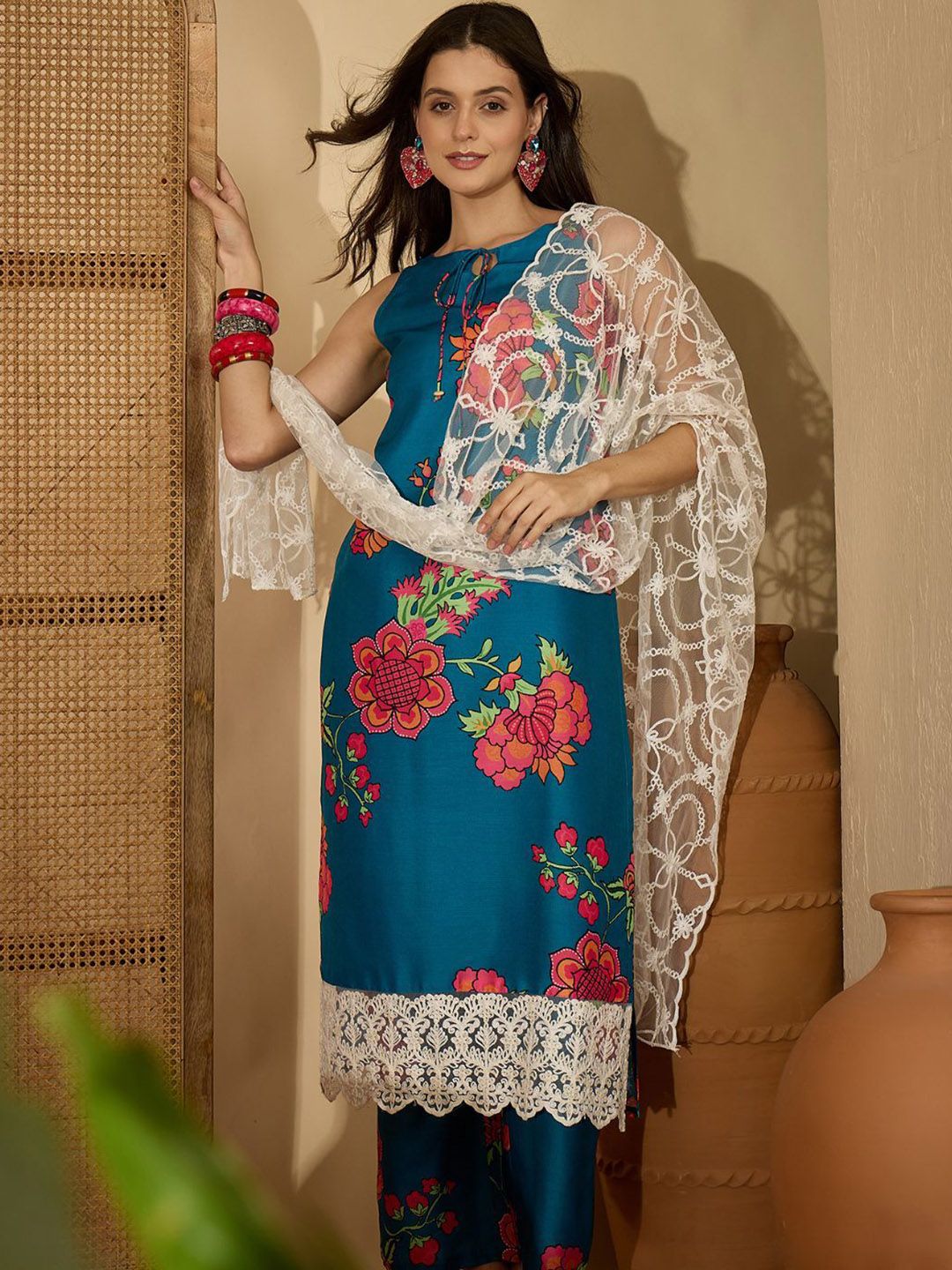 Indyancart SN Women's Floral Printed Straight Kurta & Palazzo With Dupatta