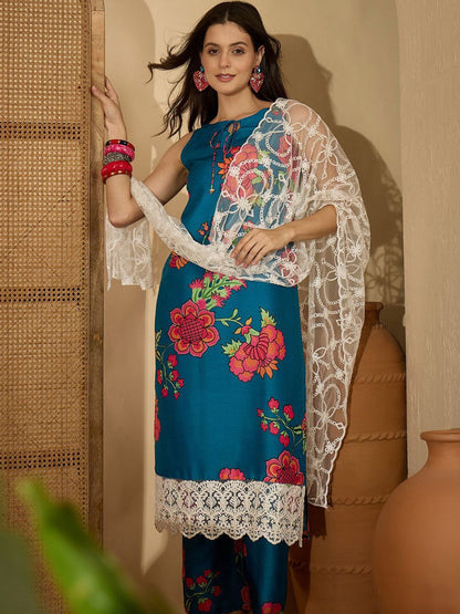 Indyancart SN Women's Floral Printed Straight Kurta & Palazzo With Dupatta