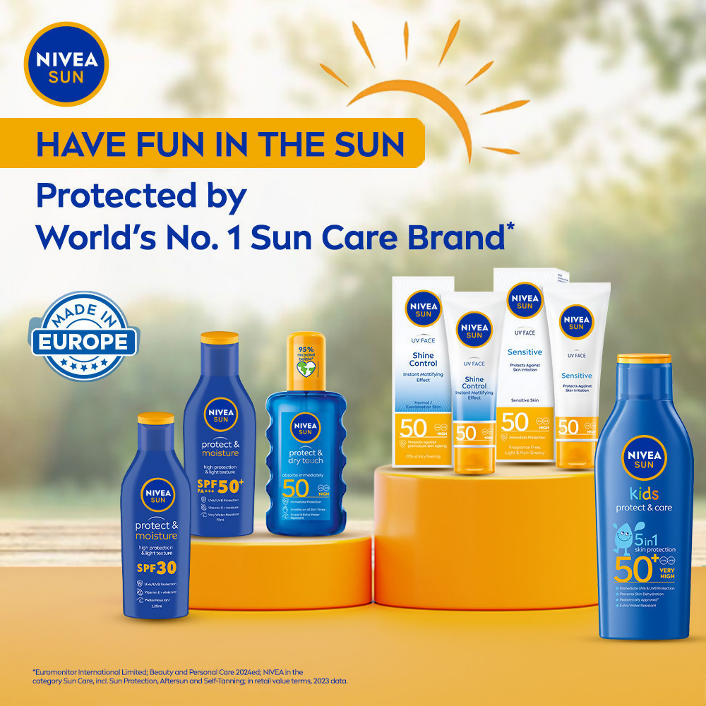 Nivea Sun Shine Control SPF 50 sunscreen in a tube, featuring ultra matte finish and no white cast for instant UV protection.