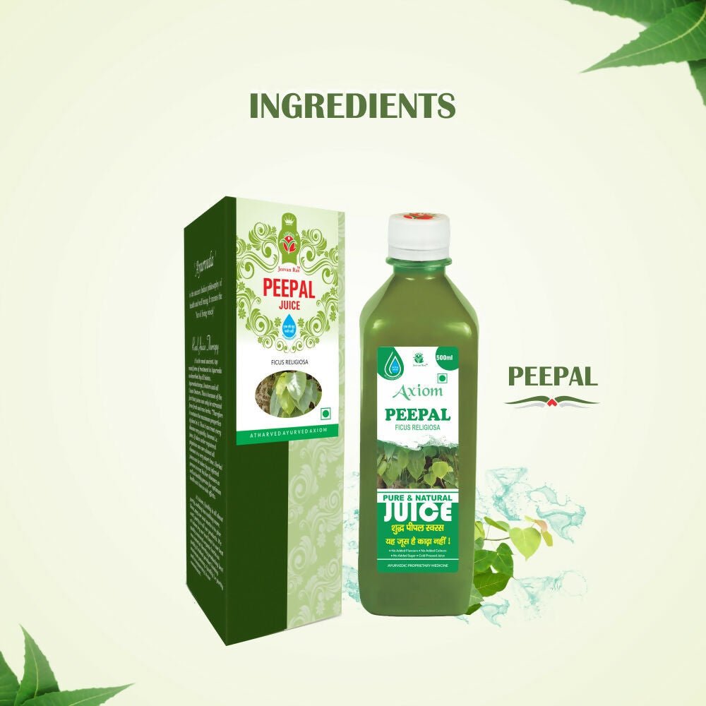 Axiom Peepal Swaras Juice in a glass bottle, showcasing fresh Ayurvedic drink with Peepal leaf illustration on the label.