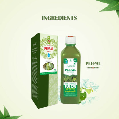 Axiom Peepal Swaras Juice in a glass bottle, showcasing fresh Ayurvedic drink with Peepal leaf illustration on the label.