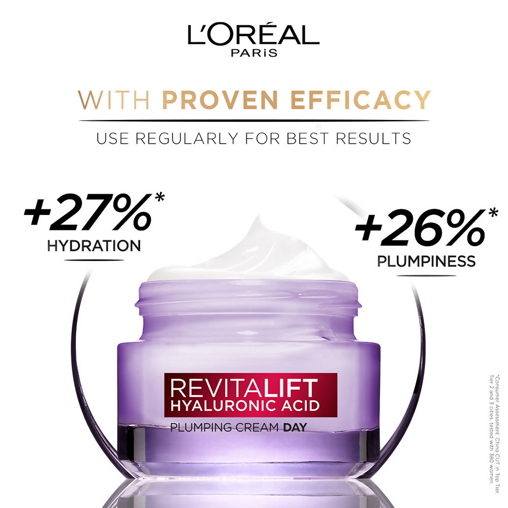 L'Oreal Paris Hydrated, plump, and radiant skin kit featuring serums and essence bottles on a white background.