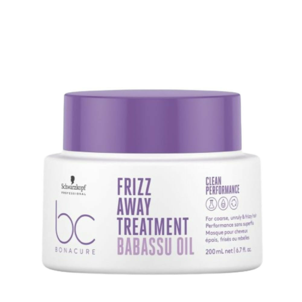 Schwarzkopf Bonacure Frizz Away Hair Mask with Babassu Oil, smooths frizz and nourishes hair, shown in a creamy mask texture.
