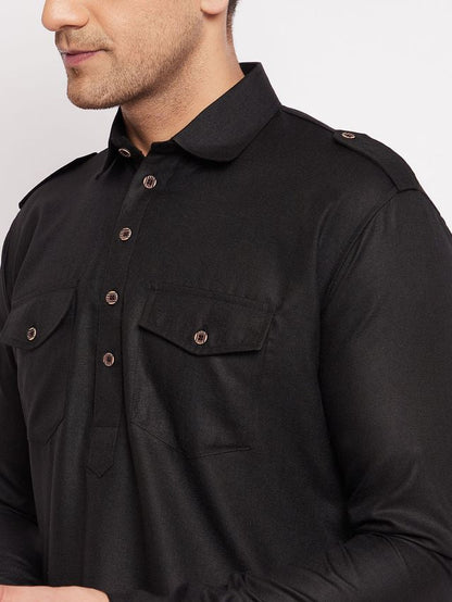 Men's Black Cotton Blend Pathani Pathani Kurta Set