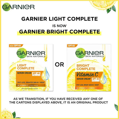 Garnier Bright Complete Vitamin C SPF40/PA+++ Serum Cream - Indyancart