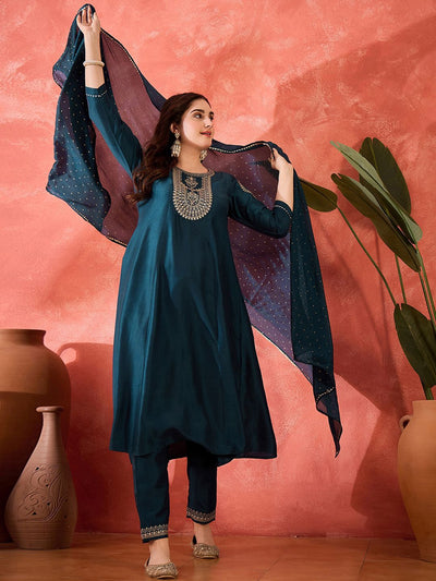 Indyancart SN Women's Floral Yoke Design Sequinned Chinon Silk Anarkali Kurta With Trousers And Dupatta