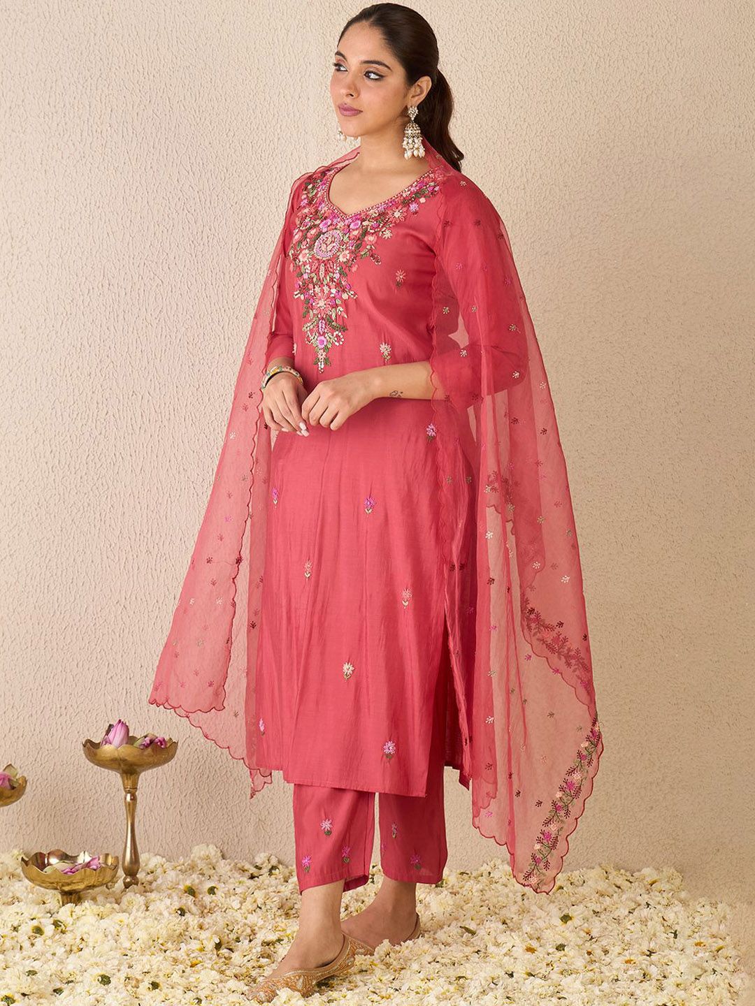 Indyancart IE Floral Embroidered Stone & Beads Work V Neck Kurta With Trousers & Dupatta