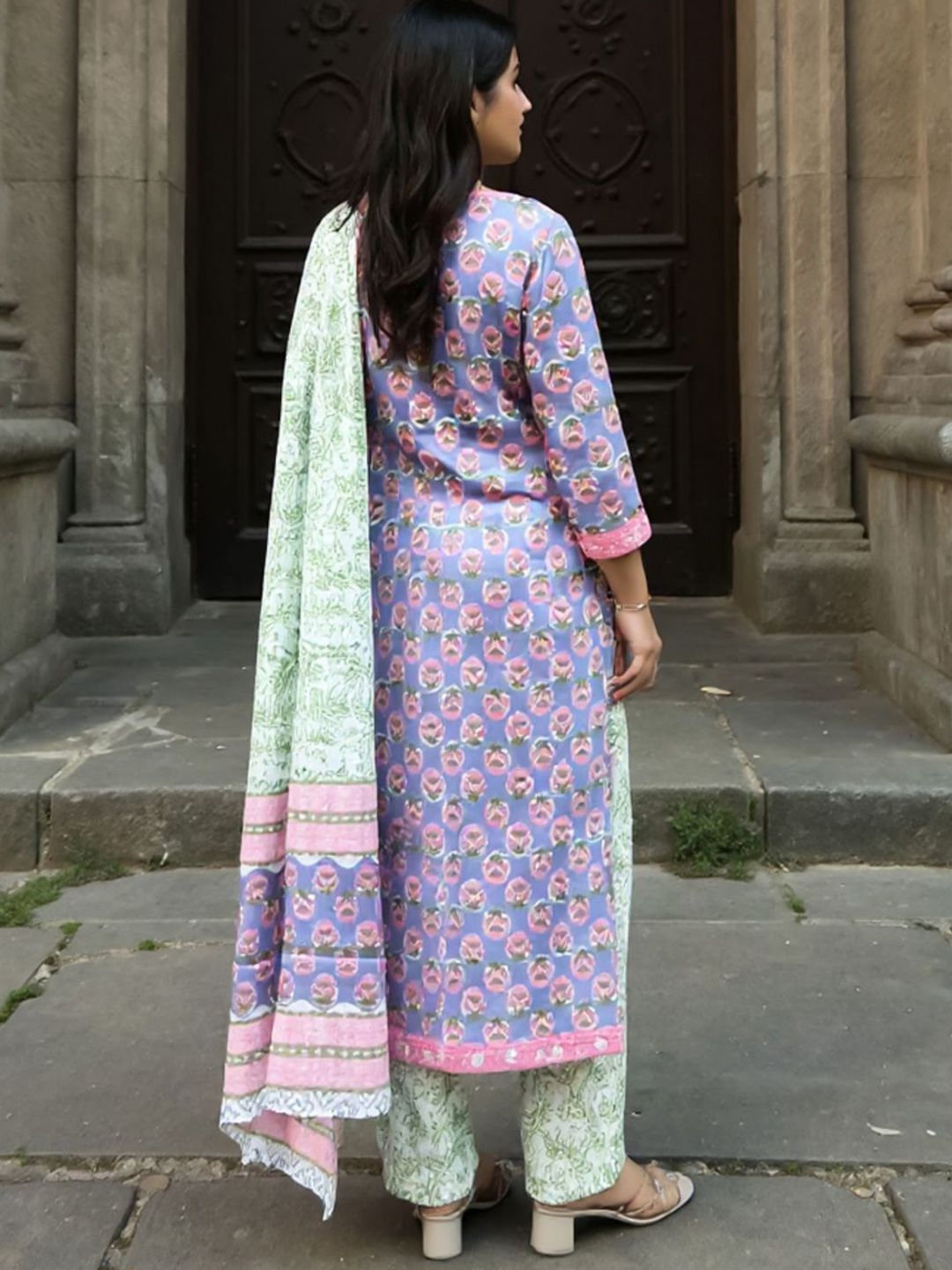 Floral Printed Round Neck Pure Cotton Straight Kurta With Trousers & Dupatta