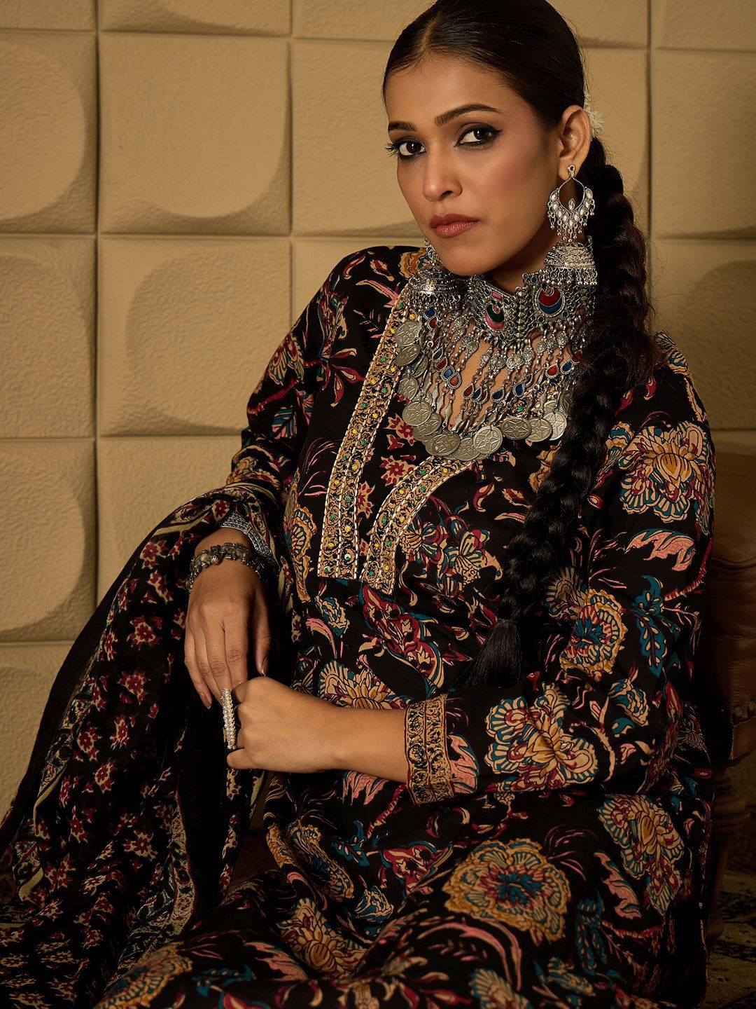 Dhiyona IE Floral Printed Sequinned Pure Cotton Kurta With Trousers & Dupatta