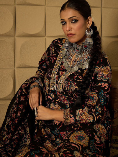 Indyancart IE Floral Printed Sequinned Pure Cotton Kurta With Trousers & Dupatta
