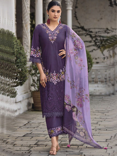 Indyancart VA Women'sFloral Embroidered V Neck Thread Work Pure Cotton Kurta With Trouser And Dupatta