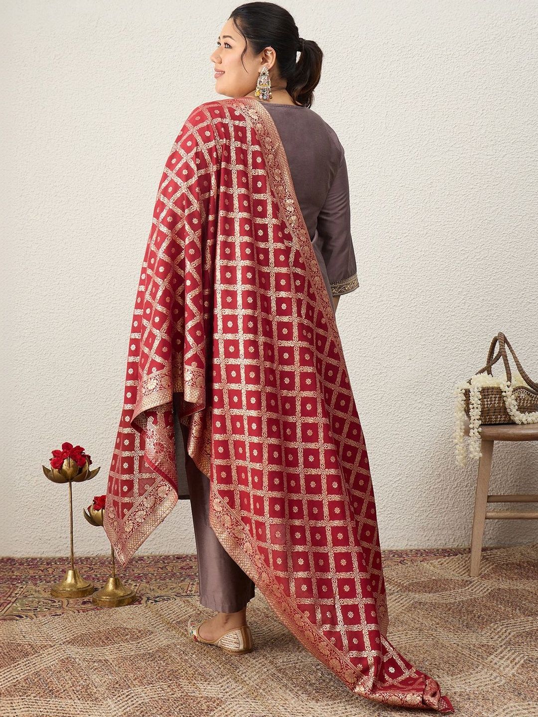 Indyancart Women's Ethnic Motifs Embroidered Regular Kurta with Trousers & With Dupatta