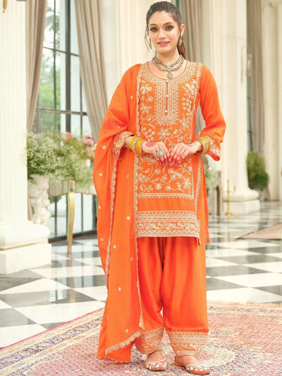 Dhiyona IE Ethnic Motifs Embroidered Round Neck Thread Work Kurta With Patiala & Dupatta