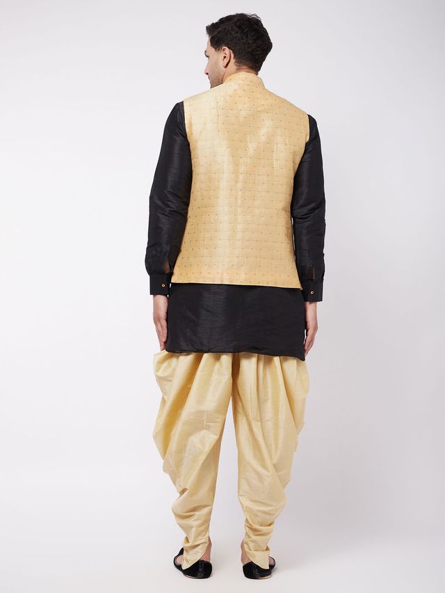 Men's Black Silk Blend Straight Jacket  Kurta and Dhoti Set